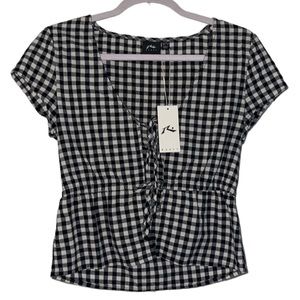 Women’s WRV RUSTY Tie Front B&W Checkered Short Sleeve Blouse XS NWT
